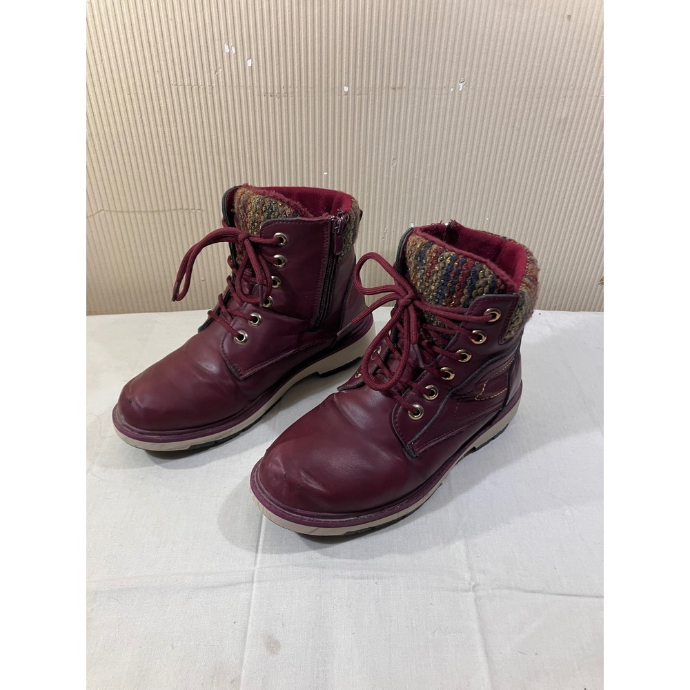 Forever Burgundy Faux Leather Lace Up Winter Boots Women's Size 38 Zip Knit Cuff